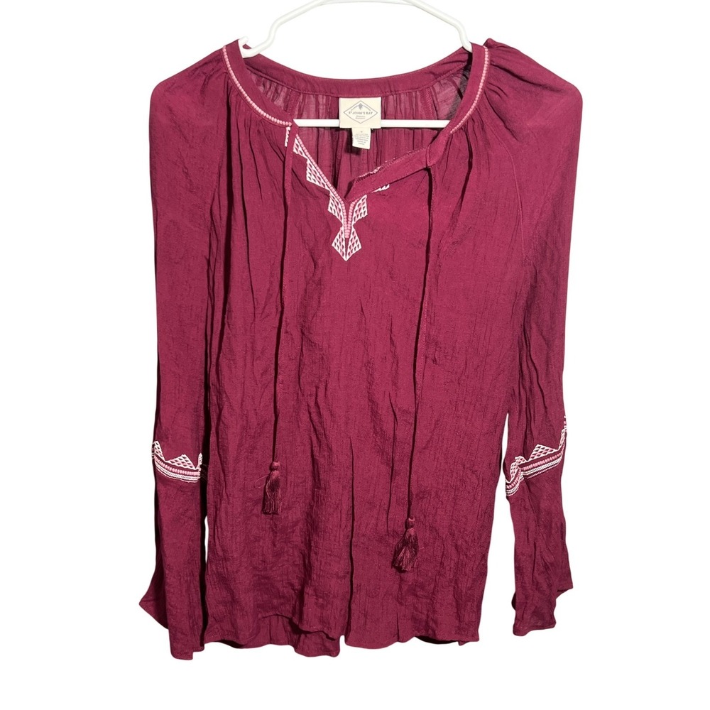 St. John's Bay Women's Burgundy Embroidered Peasant Blouse Top Size S Small